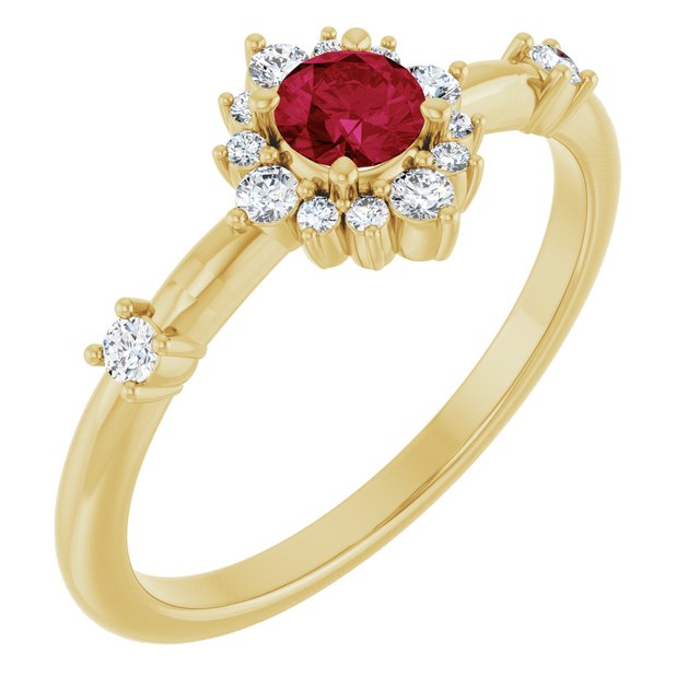 14K Yellow Lab-Grown Ruby & 1/6 CTW Natural Diamond Halo-Style Ring 